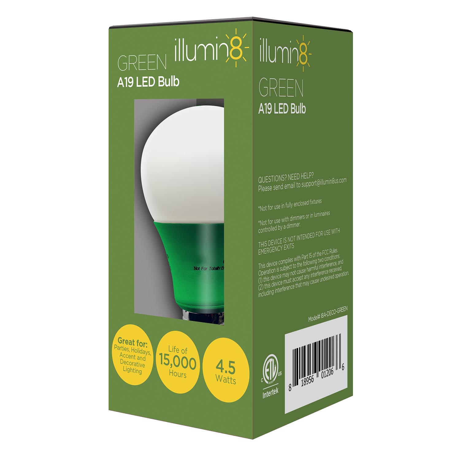 4 Pack Bundle of Illumin8 A19 Green Decorative Colored LED Light Bulb, Non-Dimmable, 50cd, 4.5 Watts - I8A-DECO-GREEN