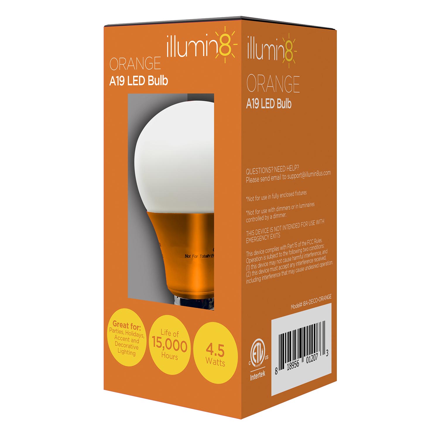 4 Pack Bundle of Illumin8 A19 Orange Decorative Colored LED Light Bulb, Non-Dimmable, 50cd, 4.5 Watts - I8A-DECO-ORANGE