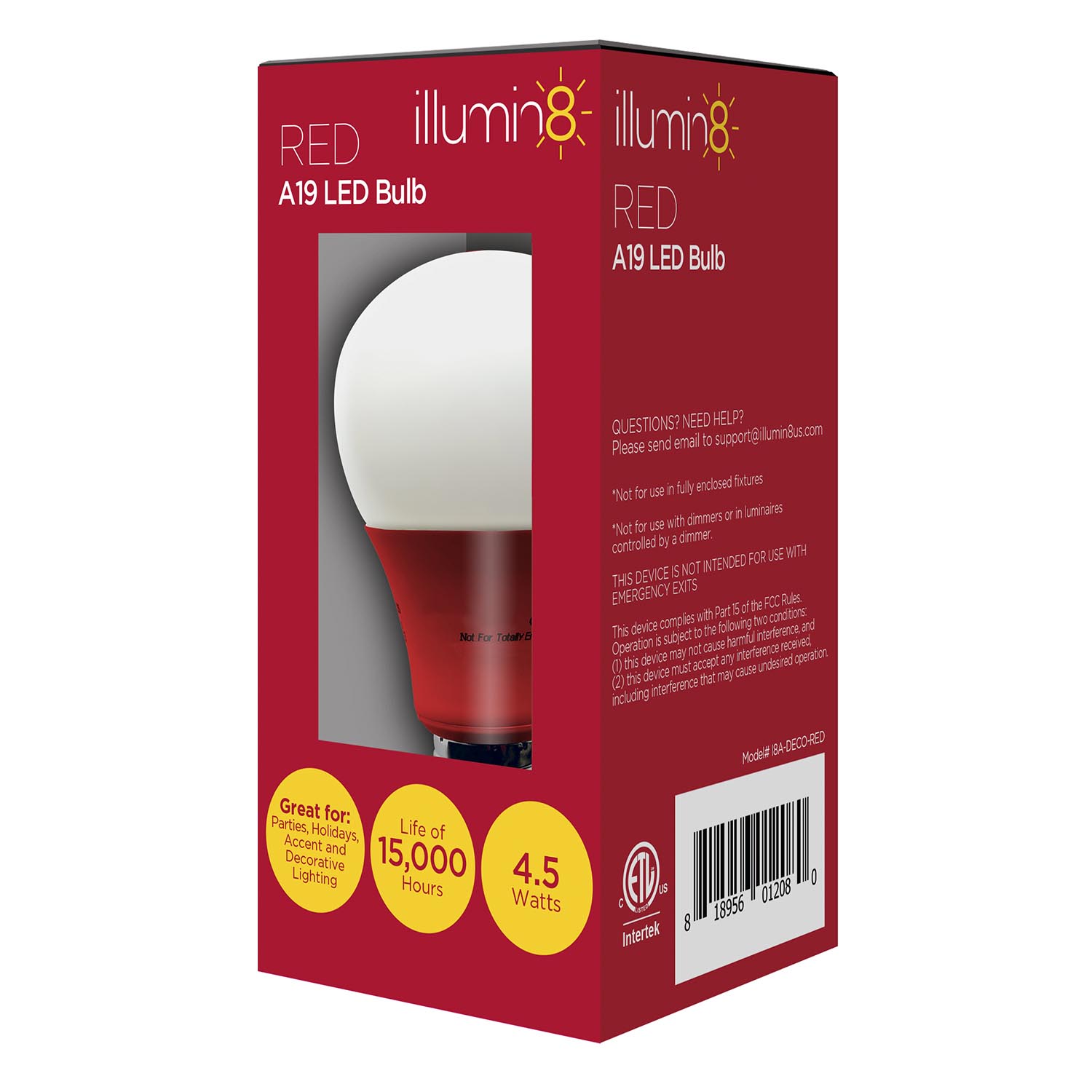 4 Pack Bundle of Illumin8 A19 Red Decorative Colored LED Light Bulb, Non-Dimmable, 50cd, 4.5 Watts - I8A-DECO-RED