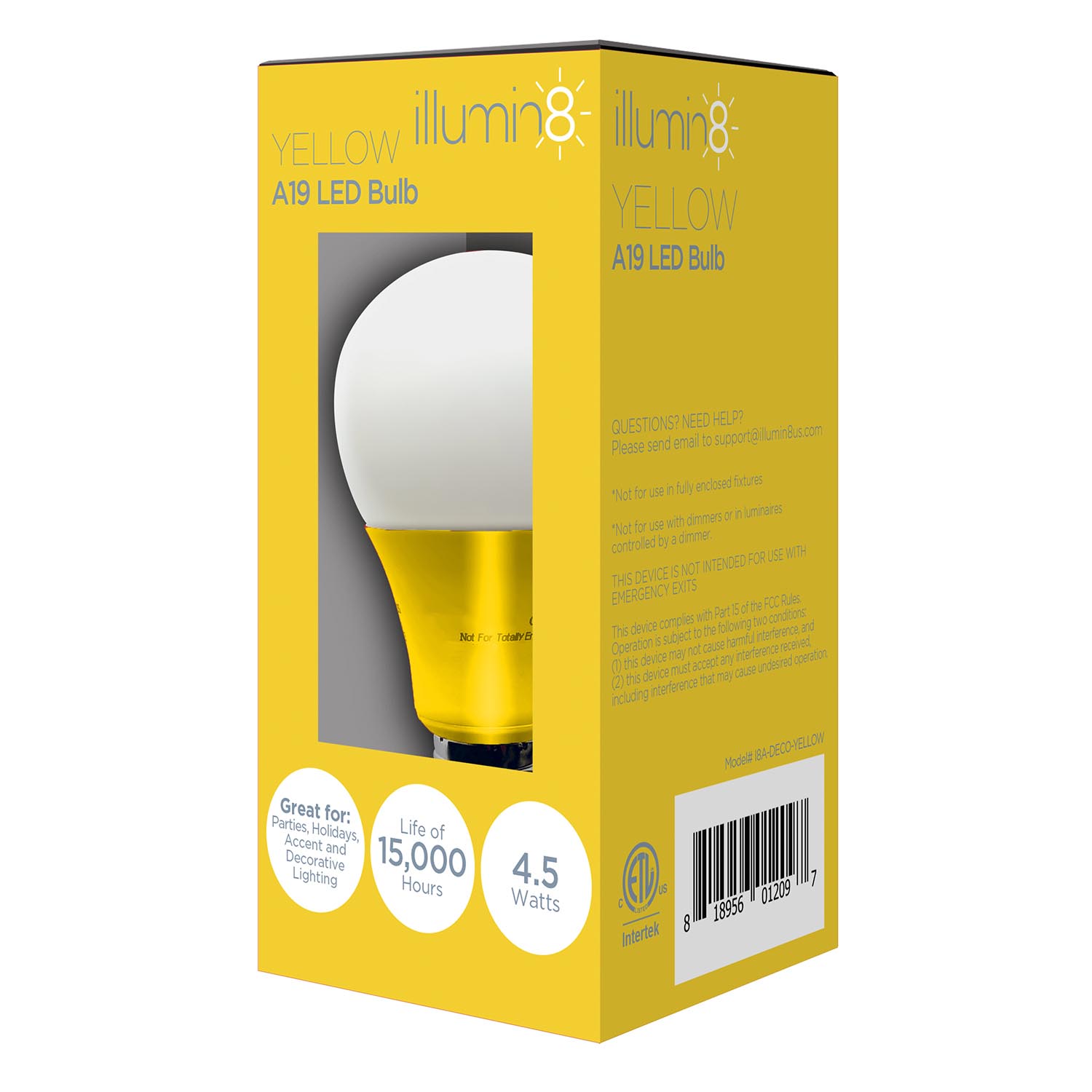 4 Pack Bundle of Illumin8 A19 Yellow Decorative Colored LED Light Bulb, Non-Dimmable, 50cd, 4.5 Watts - I8A-DECO-YELLOW