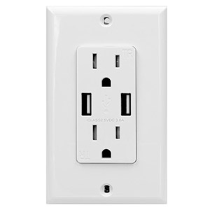 USI Electric 15 Amp Type A USB Charger Wall Outlet, White
